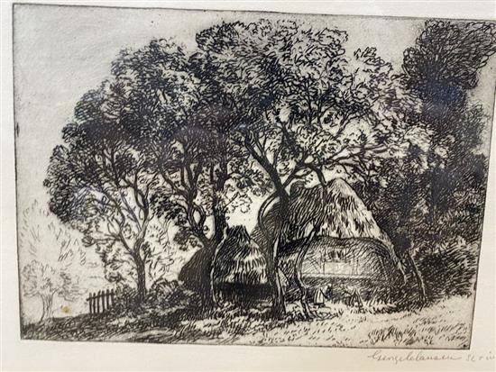 Sir George Clausen (1852-1944), etching, Cottages amongst tree, signed in pencil, 13 x 17cm and an etching of head of Langston harbour